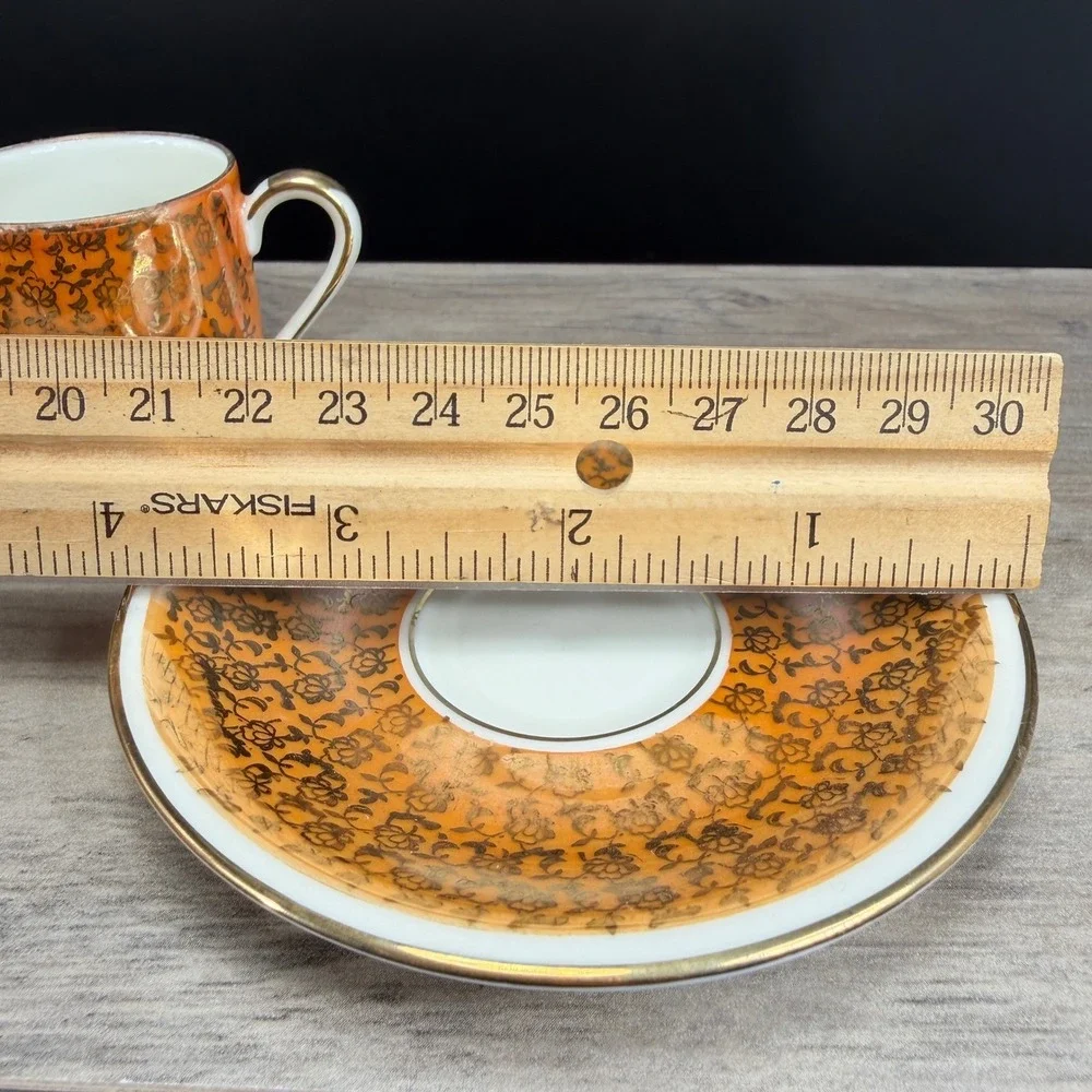 Alka Bavaria Germany Demitasse Cup Saucer‎ Set Orange Luster Gold Filigree VTG